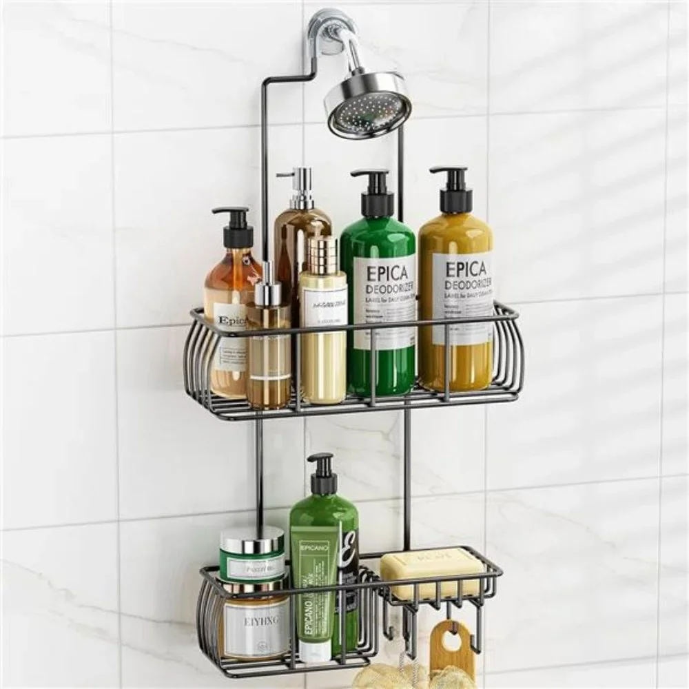 Shower Caddy Hanging, Anti-Swing Over Head Shower Caddy Rustproof with hooks